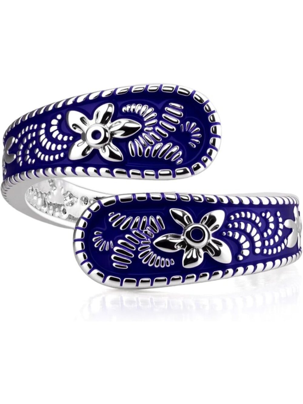Women's Silver & Blue Spoon Carving Design Stainless Steel Adjustable Ring